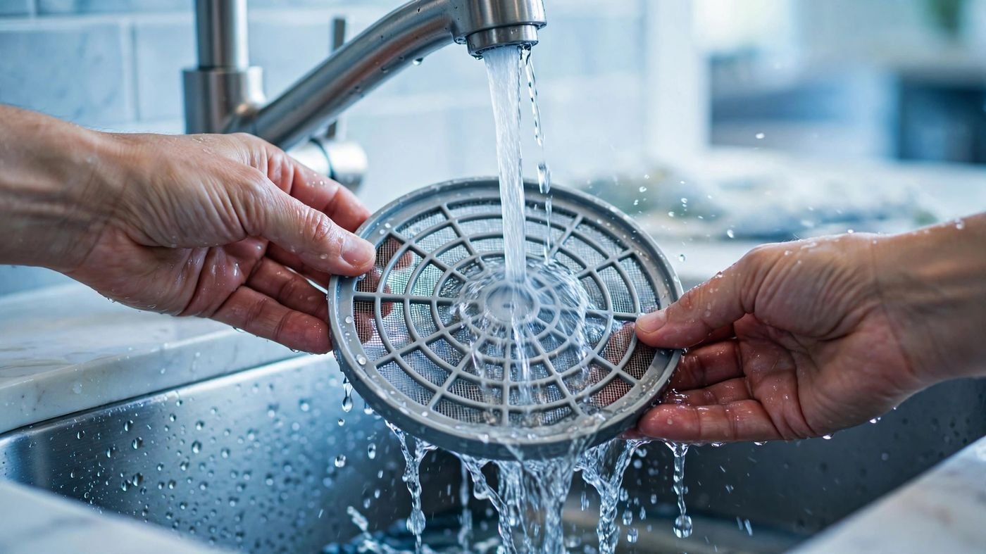 Hands cleaning a dishwasher filter under running water
