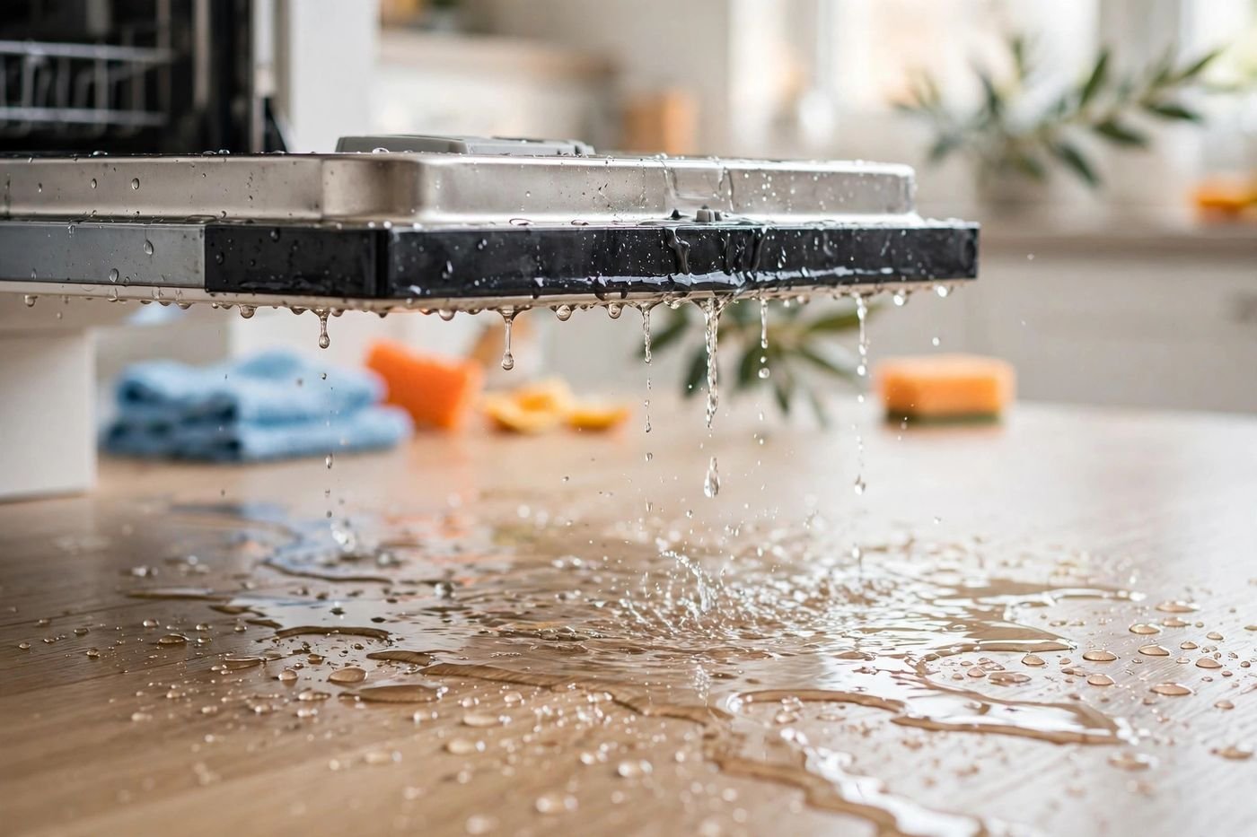 Water leaking from the bottom of a dishwasher door onto a kitchen floor