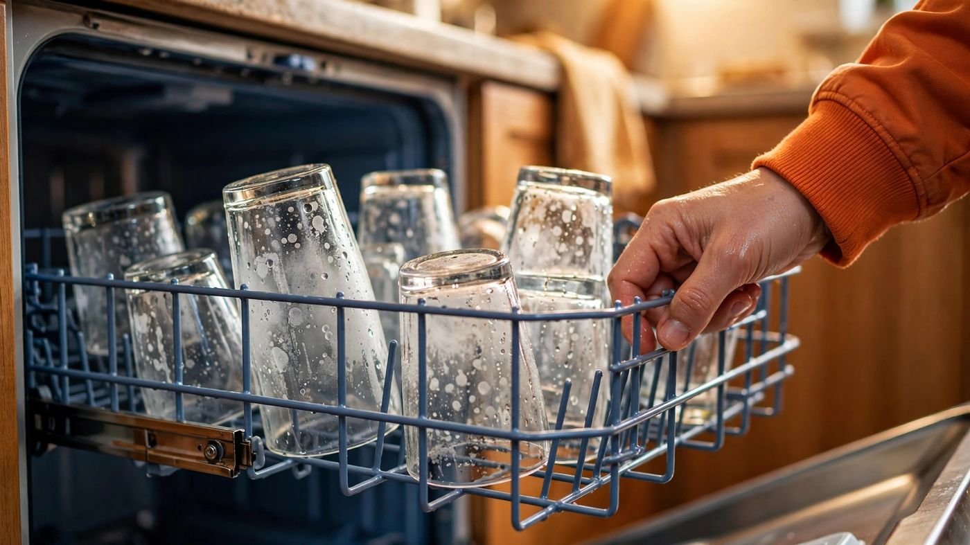 Hand pulling out a dishwasher rack of spotty, filmy glasses that are not coming clean