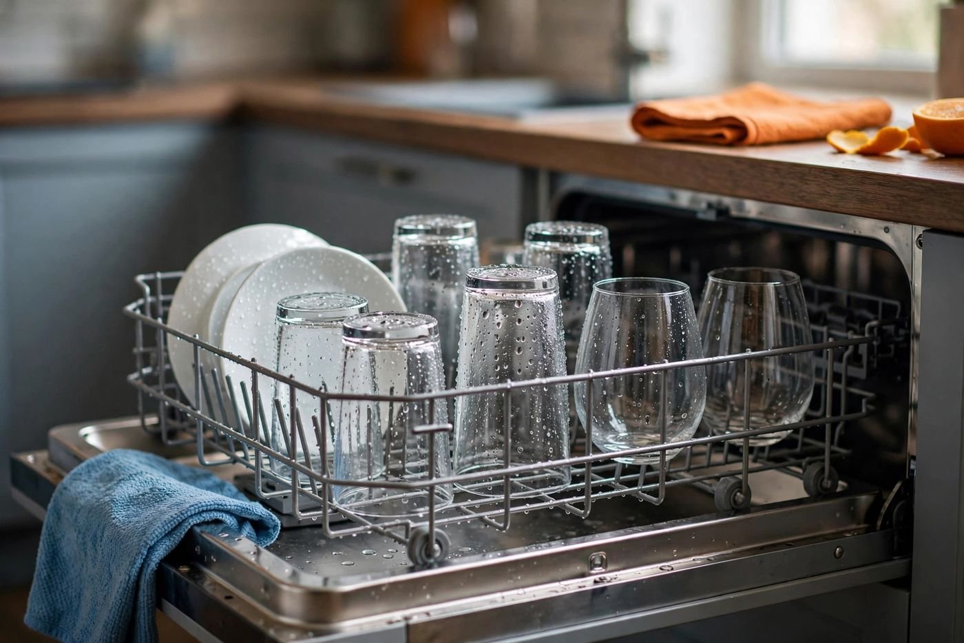 Wet dishes covered in water droplets inside an open dishwasher