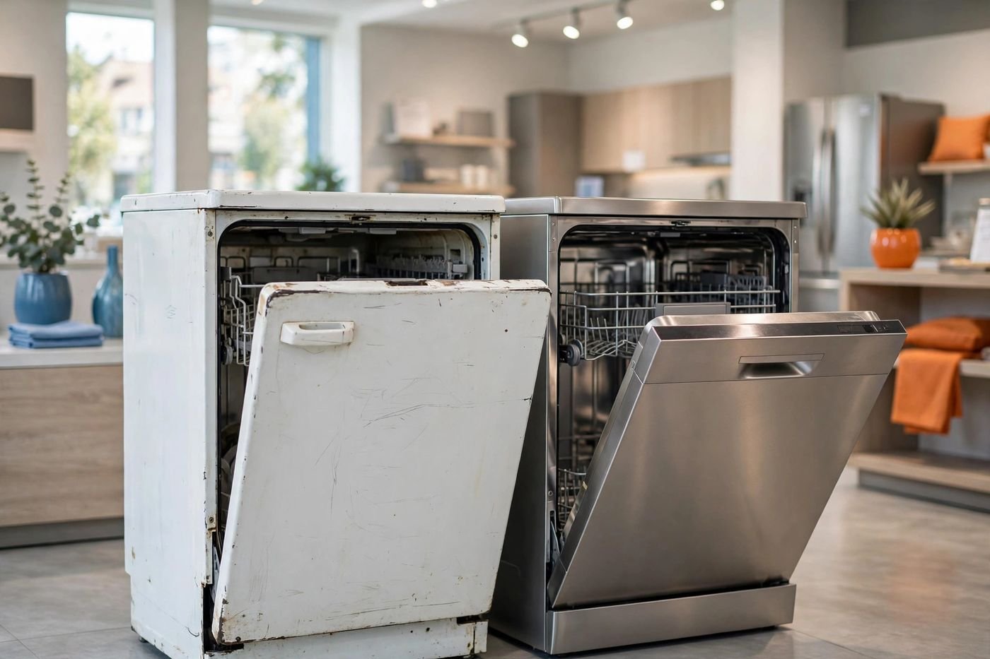 Old dishwasher next to a new stainless steel dishwasher in a showroom