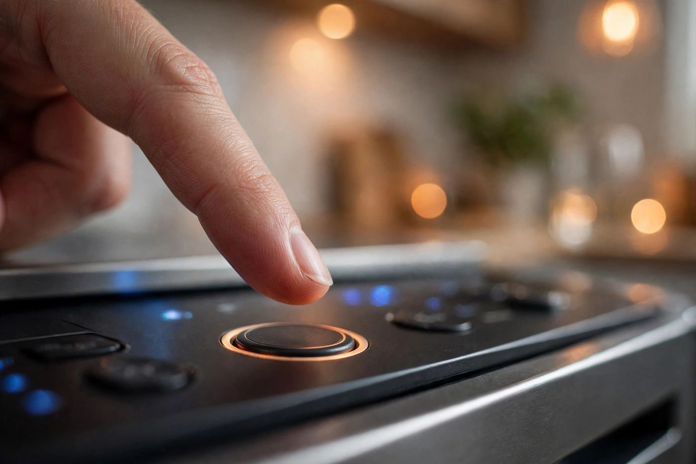 Finger near the start button of a dishwasher control panel