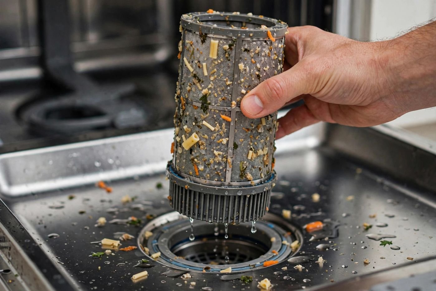 Hand lifting a dirty dishwasher filter out of the dishwasher tub