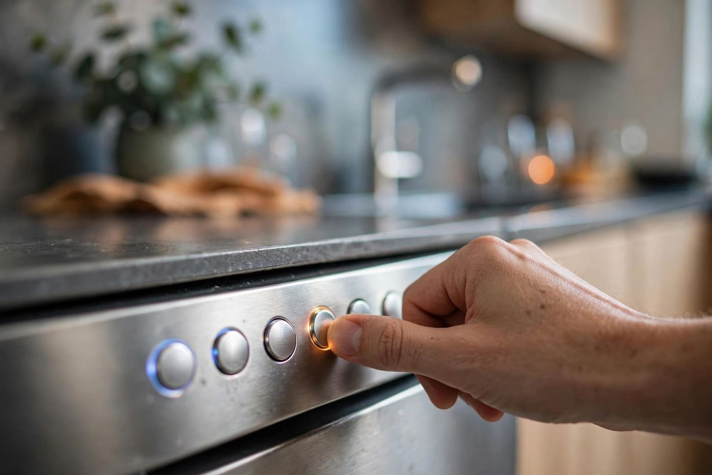 Hand pressing buttons on a dishwasher control panel