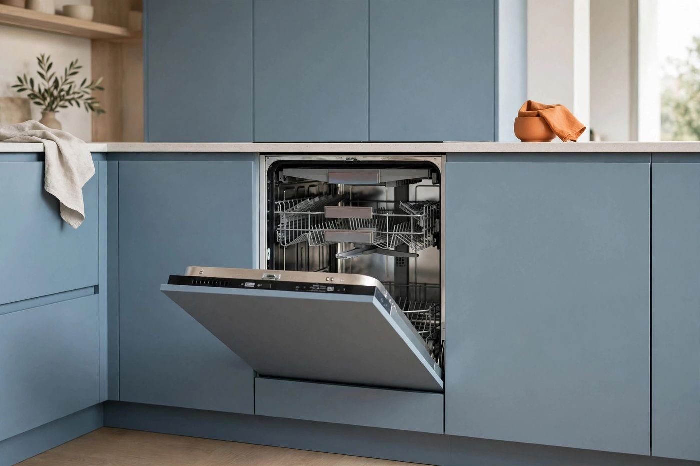 Bosch dishwasher installed in a modern European kitchen with door open showing clean racks