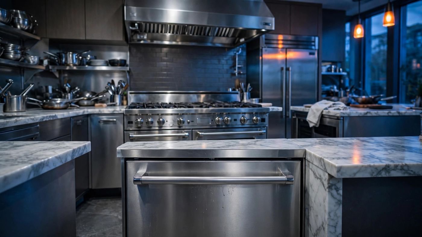 KitchenAid dishwasher in a professional-style stainless steel kitchen