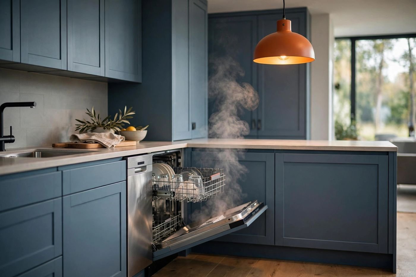 LG dishwasher mid-cycle with steam in a contemporary kitchen