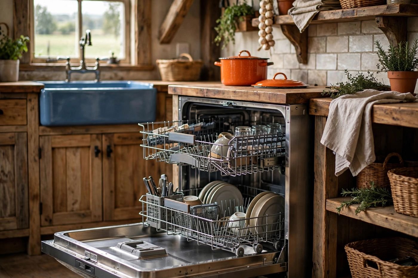 Maytag dishwasher with heavy-duty racks in a farmhouse kitchen