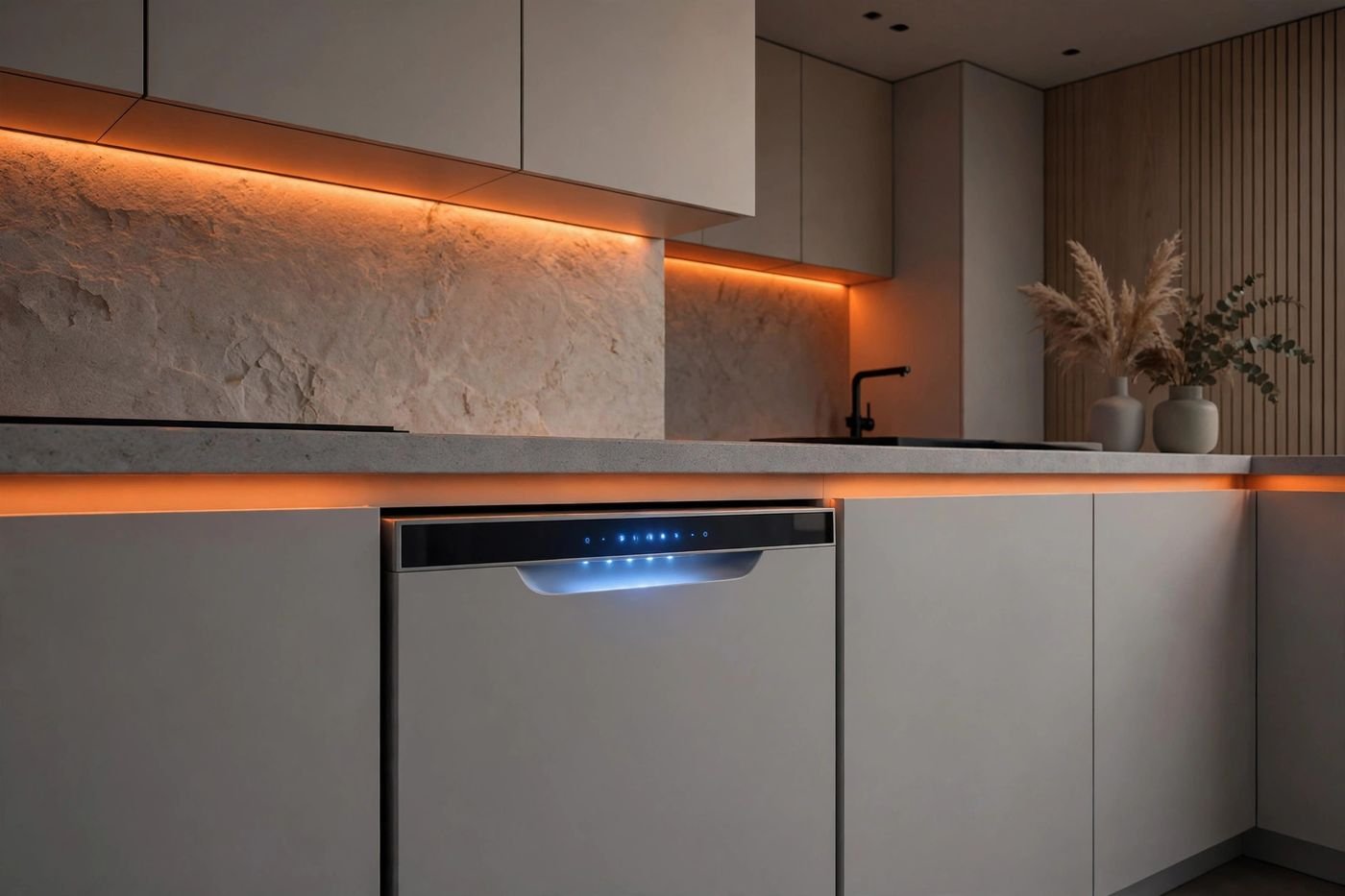 Samsung dishwasher with digital display in a modern smart kitchen