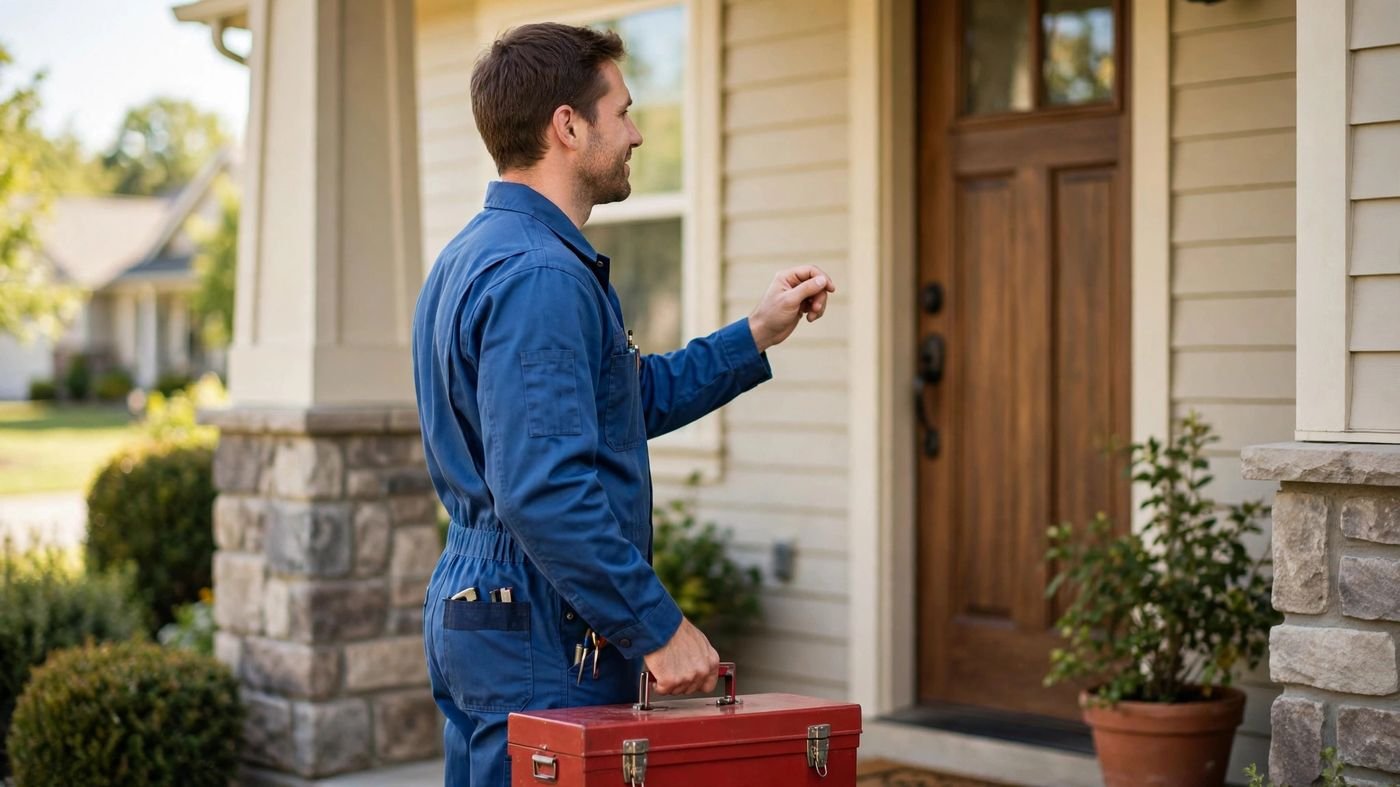 Repair technician arriving at a customer's front door with toolbox
