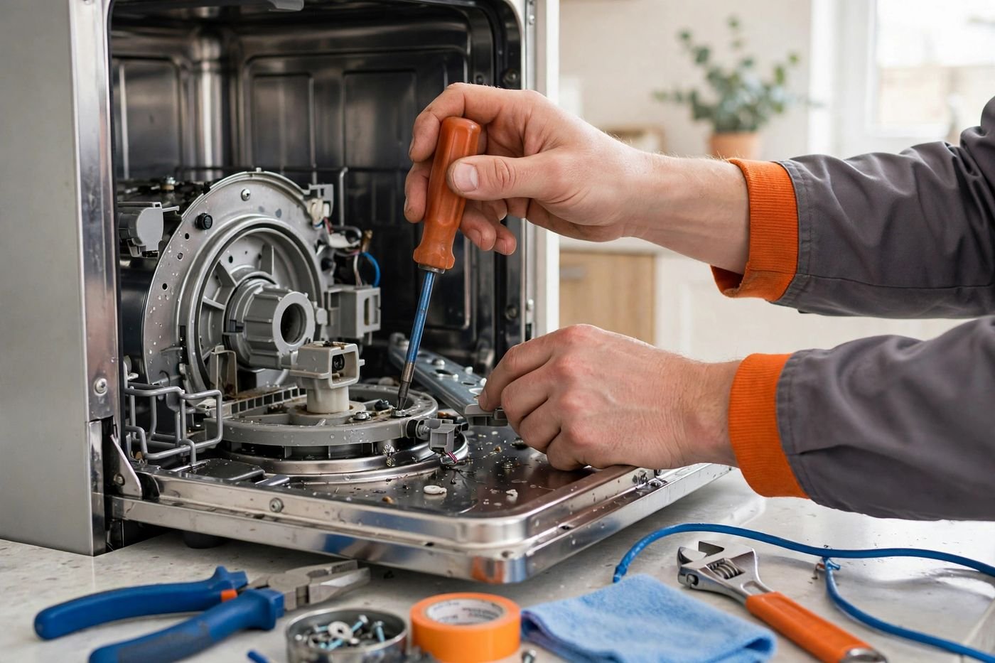 Dishwasher repair technician working on an open dishwasher in a bright kitchen