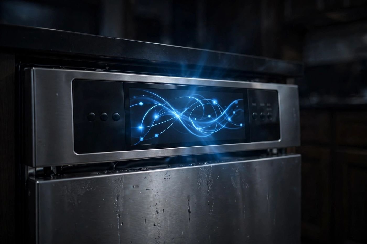 Dishwasher control panel showing a glowing error display
