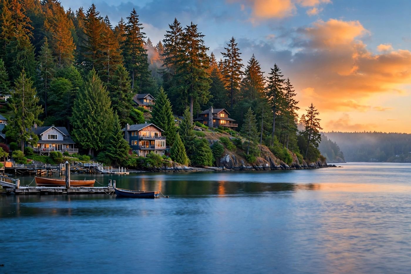 Waterfront homes on Puget Sound surrounded by evergreens at sunset